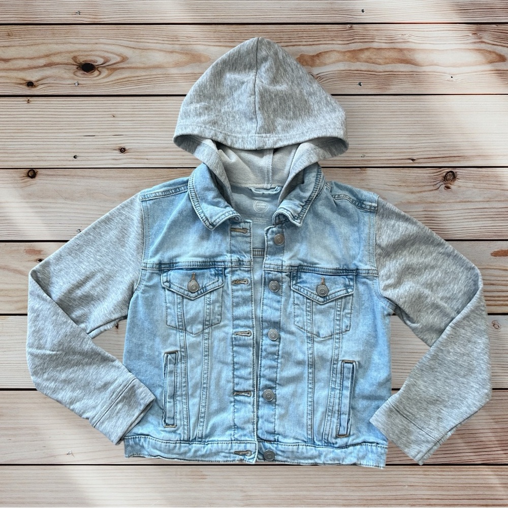 Wonder Nation Girls Medium 7 8 Light Blue Denim Jacket with Gray Sleeves Hoodie